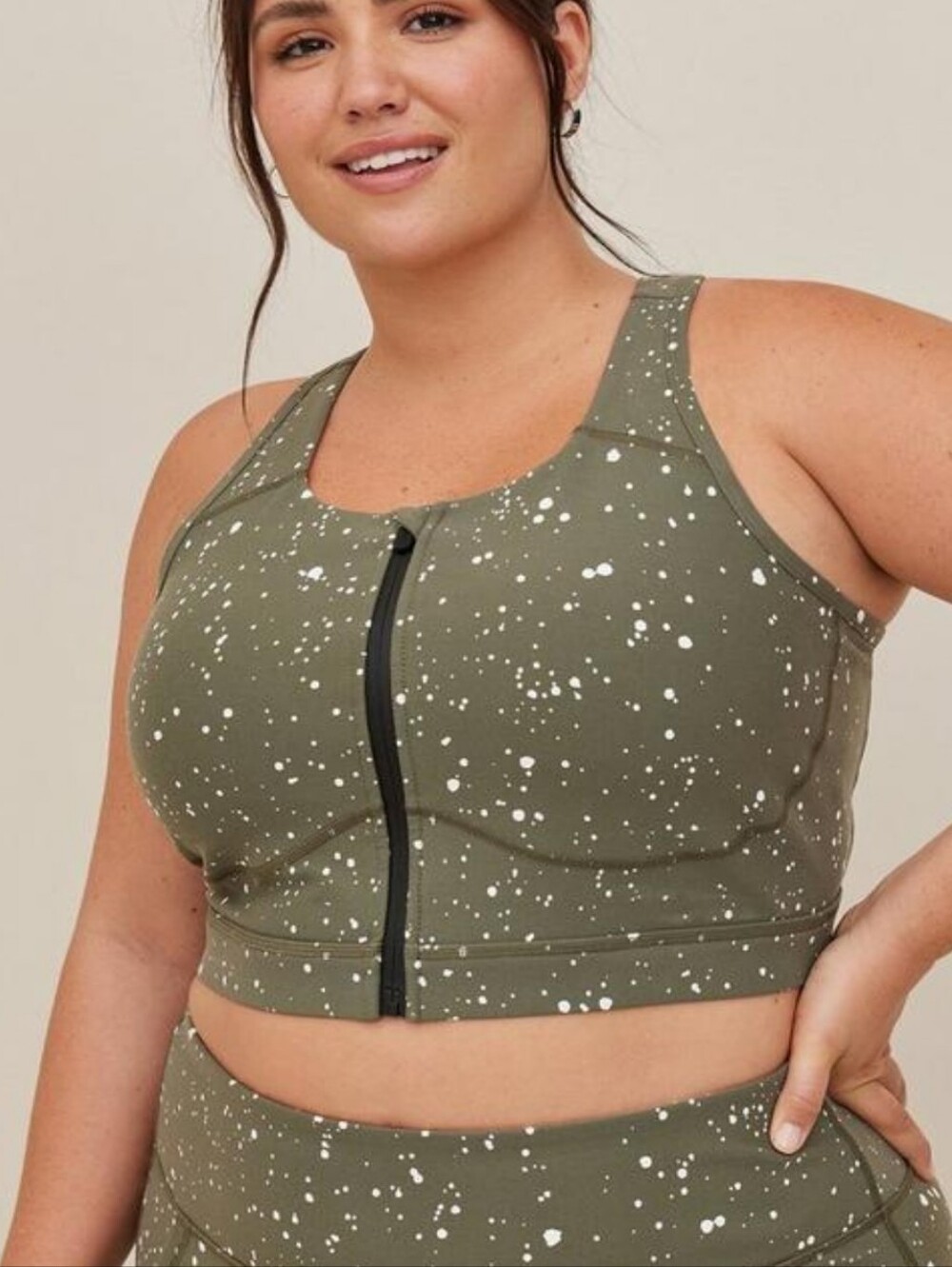 Olive Speckled Front-Zip Sports Bra - Women Intimates & Sleepwear